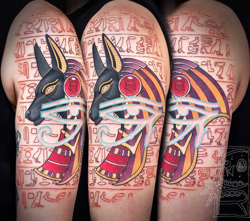 Anubis but only head, completed with some mythology fillers tattoo idea |  TattoosAI