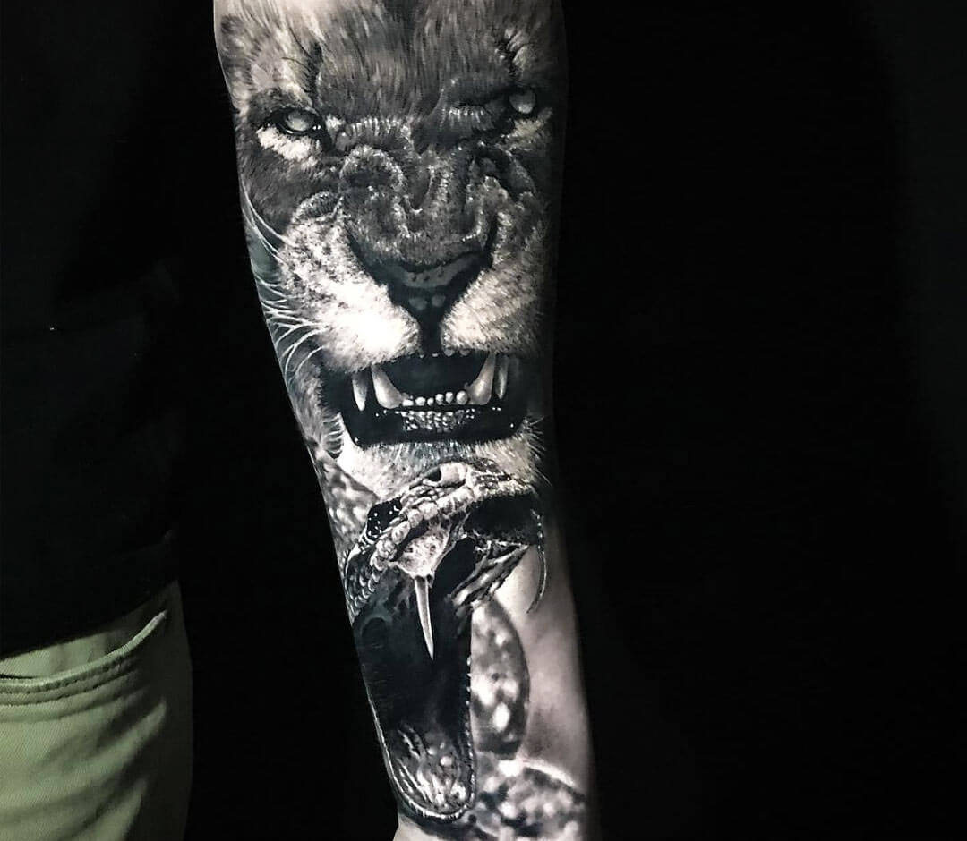 Sikh warrior fighting a lion with full anger tattoo idea | TattoosAI
