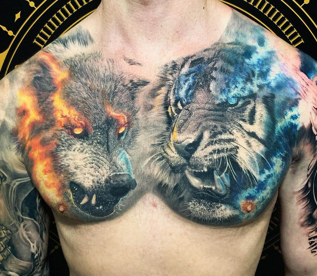tiger wolf tattoo neoskull  Tiger tattoo design Tiger tattoo Wolf tattoos