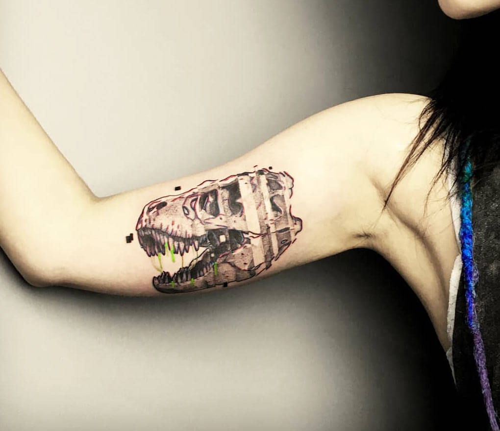 Watercolor style TRex tattoo on the right upper  Official Tumblr page  for Tattoofilter for Men and Women