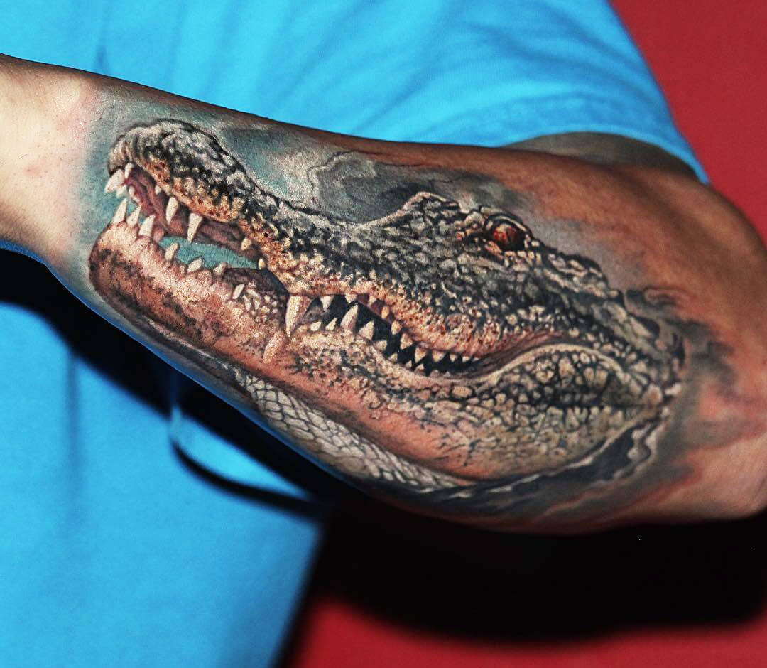 Tattoo photos Gallery. realistic crocodile tattoo art Damien Wickham. 