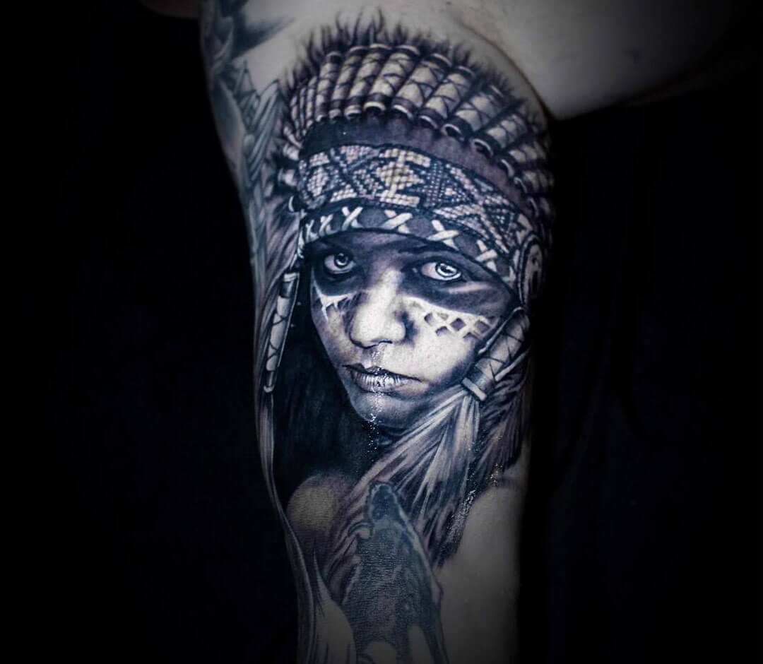Native american girl tattoo by Damien Wickham | Photo 27675