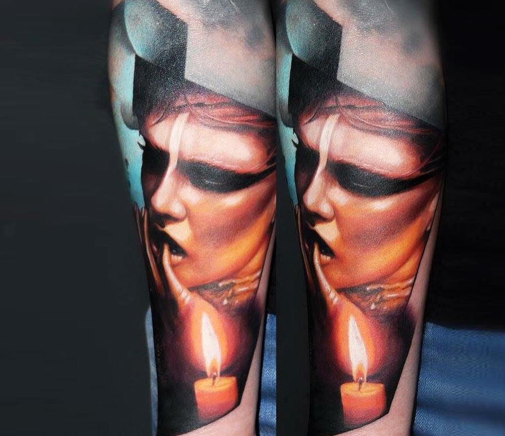 Tattoo photos Gallery. realistic woman face with candle realistic tattoo ar...