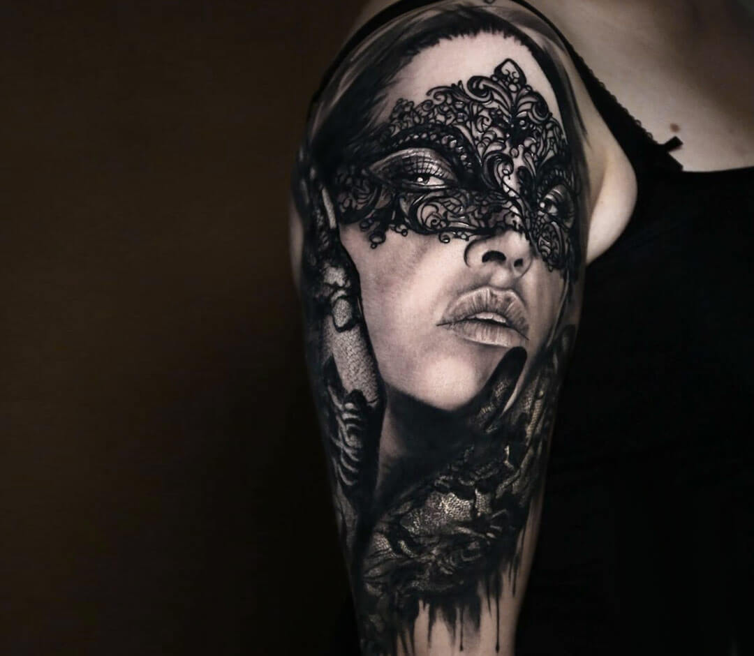Woman with skul mask, mountains and moon dark neotraditional tattoo by Rick  Mcgrath : Tattoos
