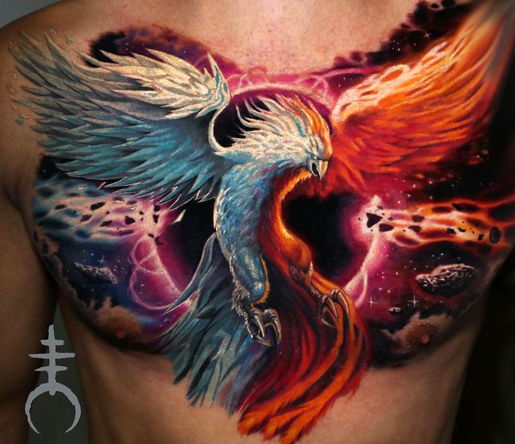 Illustrative style phoenix tattoo on chest and