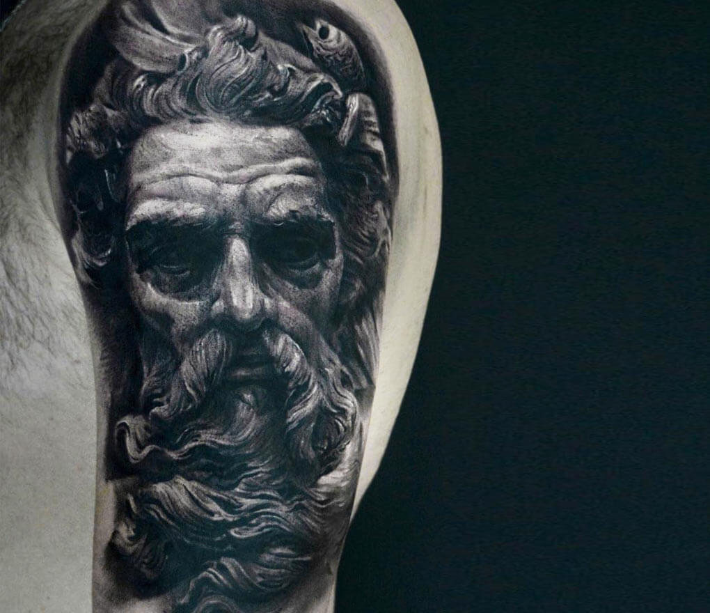 Greek god zeus, full sleeve, attractive female face with wolf headress,  chemical formula for protein, wolf, full body zeus tattoo idea | TattoosAI