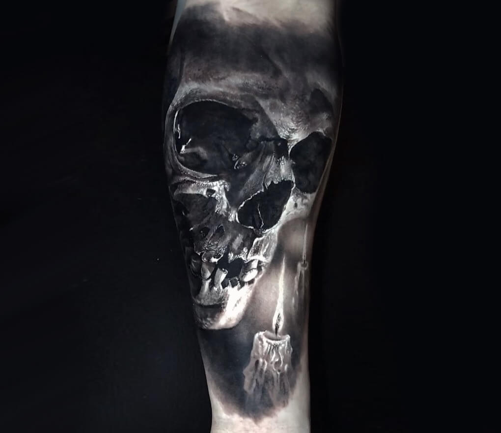 Tattoo photos Gallery. realistic skull candle tattoo art Eliot Kohek. 