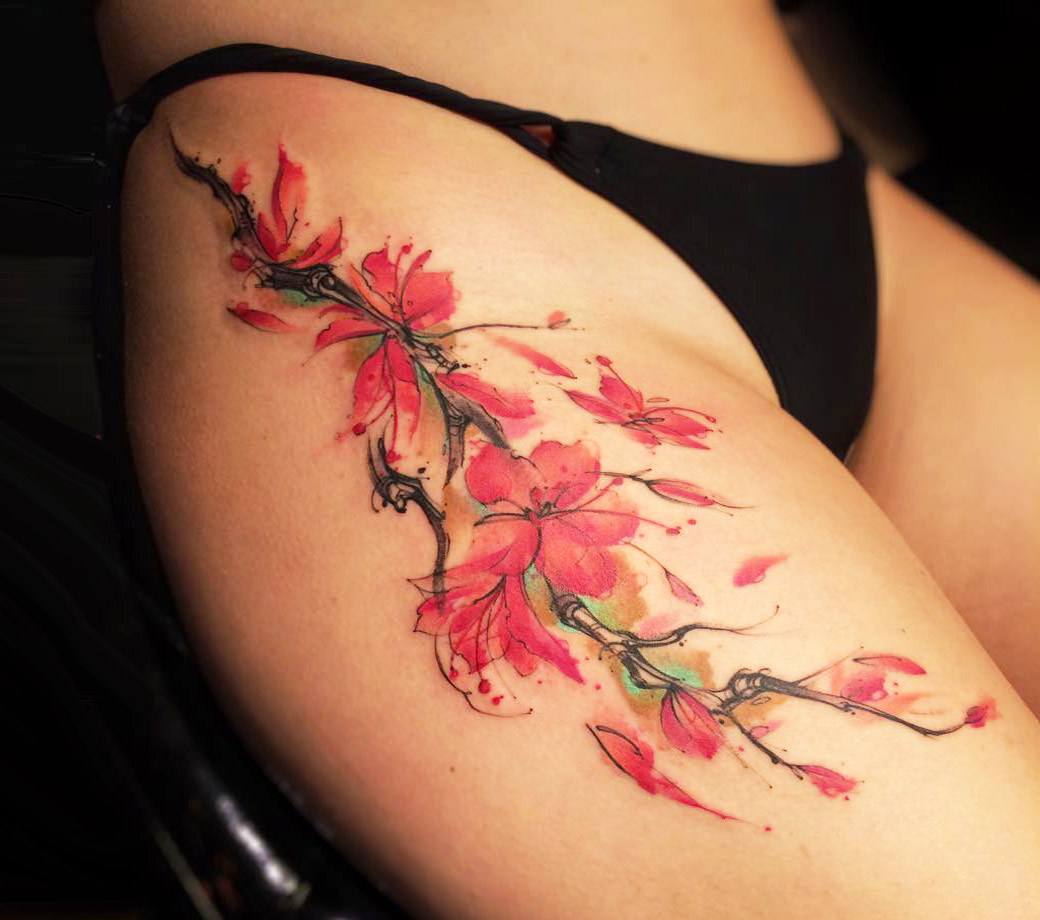 Close. watercolor cherry blossom watercolor tattoo art Felipe Rodrigues. 