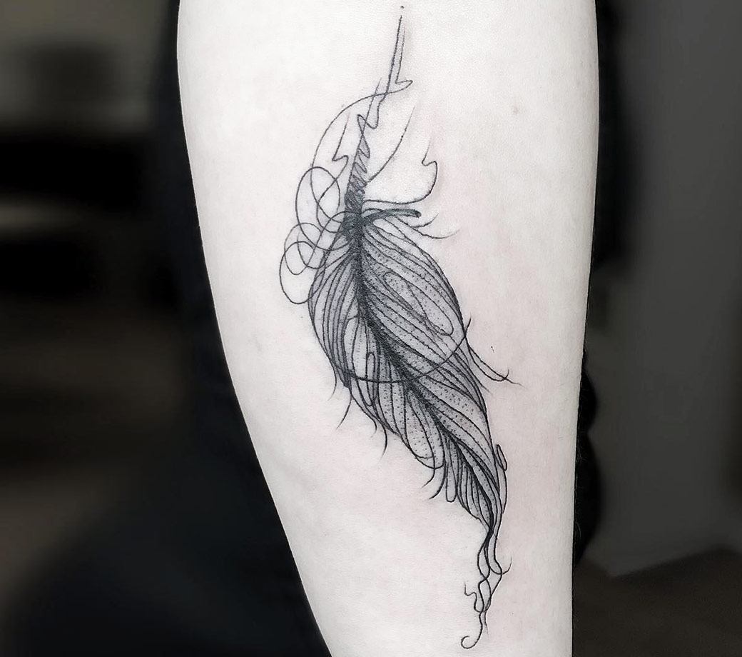 Feathers and skull bracelet tattoo.