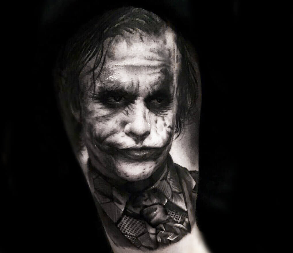 Close. realistic Joker Heath Ledger tattoo art Honart. 