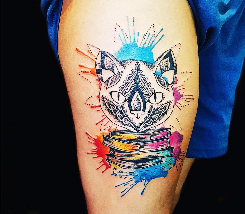 Cat and Books tattoo by Ilaria Tattoo Art Photo 20647