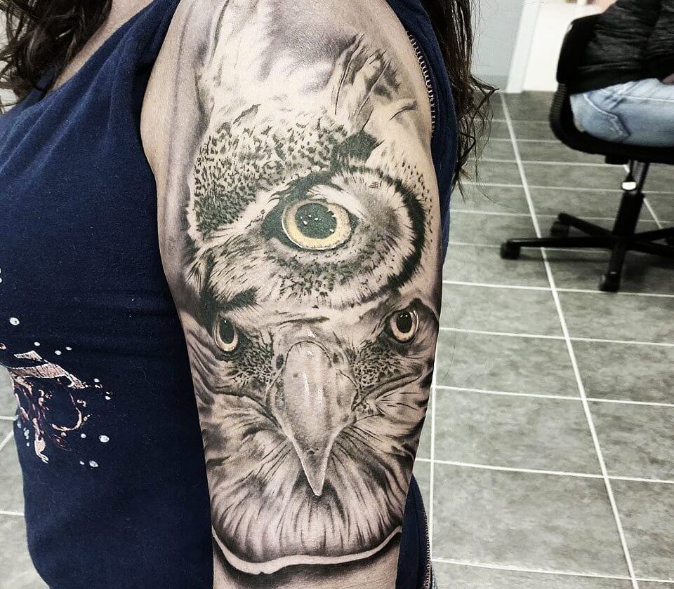 Owl with Eagle head tattoo by Jacob Sheffield  Photo 19693