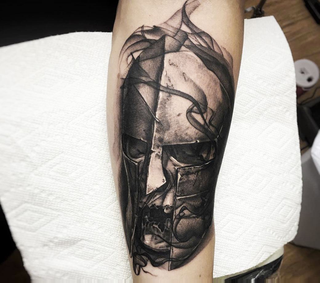Spartan Helmet and Arrow - Tattoo and piercing studio in Farnborough,  Hampshire. Artists specialising in custom, black and grey, dotwork, floral  and cover ups.