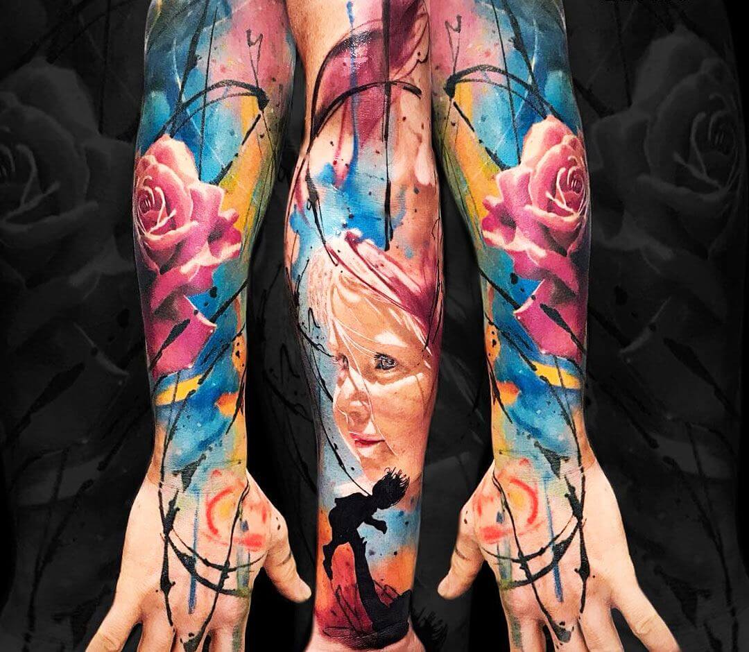 abstract watercolor tattoo sleeve