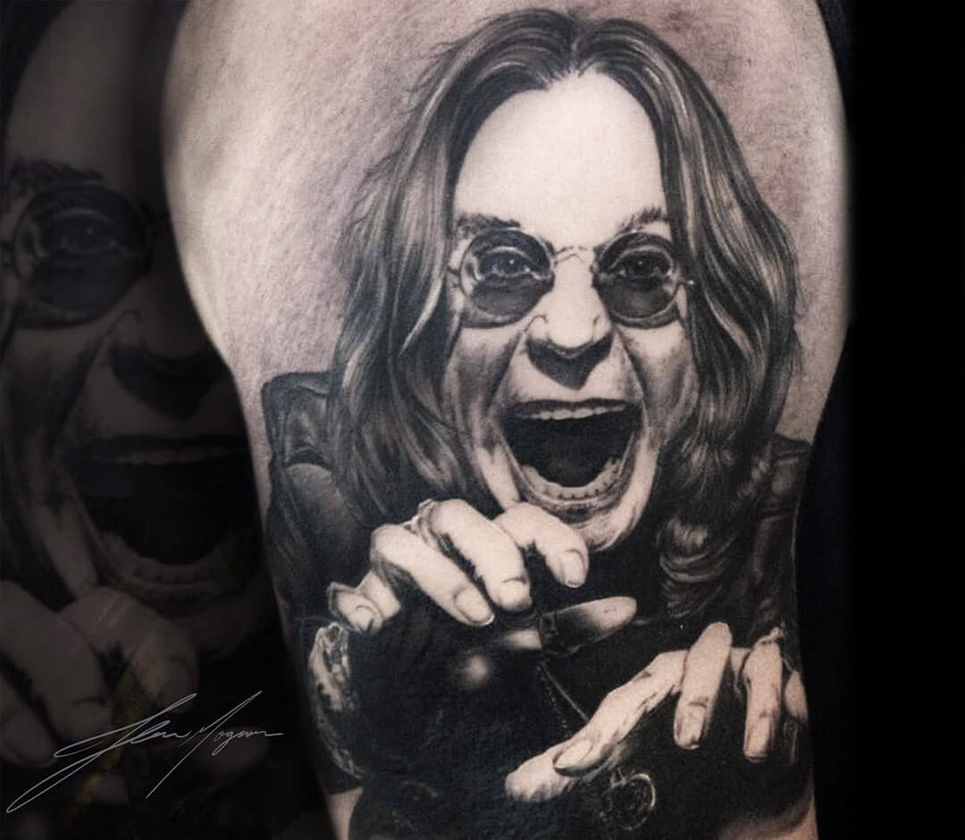 Close. realistic Ozzy Osbourne tattoo art Jean Mognon. 