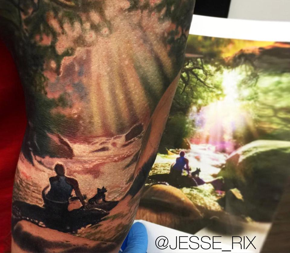 River with trees and mountain background | Nature tattoo sleeve, Landscape  tattoo, Forest tattoos