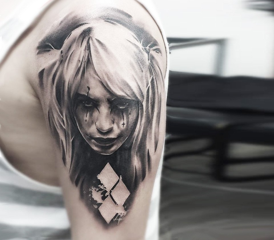 Close. realistic harley quinn realistic tattoo art Jirka Tattoo. 
