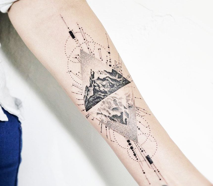 Geometric mountains and dotted sun tattoo - Tattoogrid.net