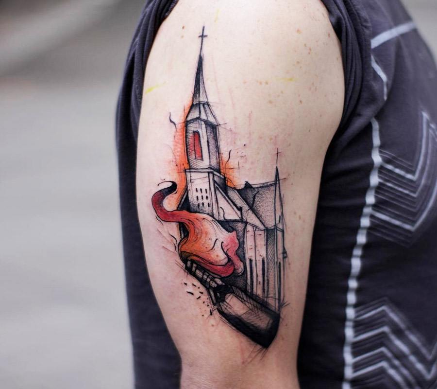 Neotraditional church in fire tattoo desing