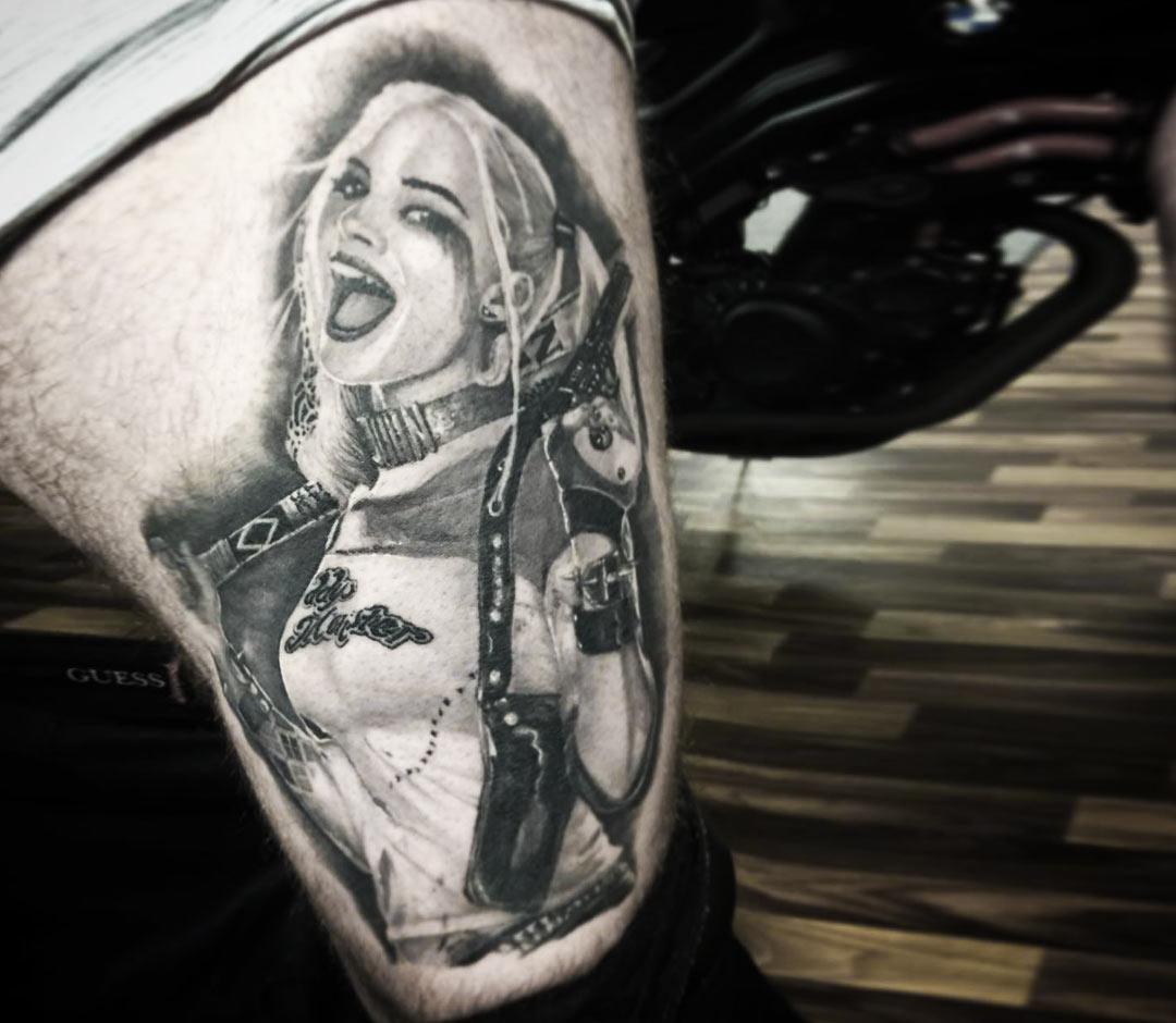Close. realistic harley quinn realistic tattoo art Kevin Saxler. 