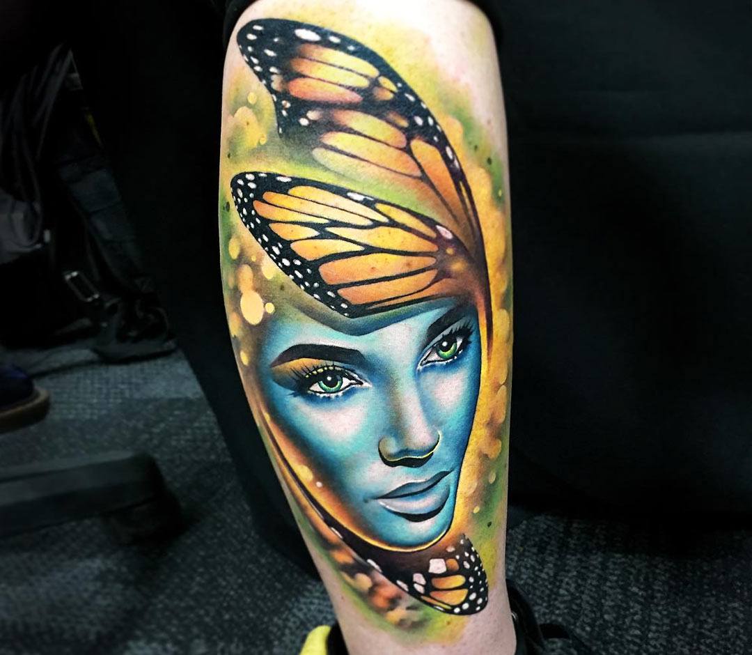 Girl face with Butterfly tattoo by Khail Tattooer | Photo 21682