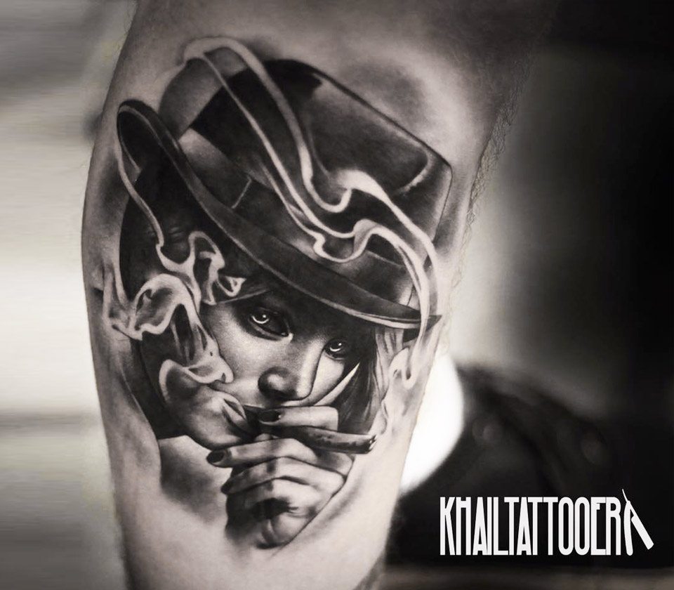 Close. realistic smoke girl realistic tattoo art Khail Tattooer. 