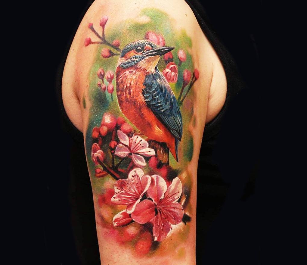 Realistic black bird flying over flowers and strawberries tattoo design on  Craiyon