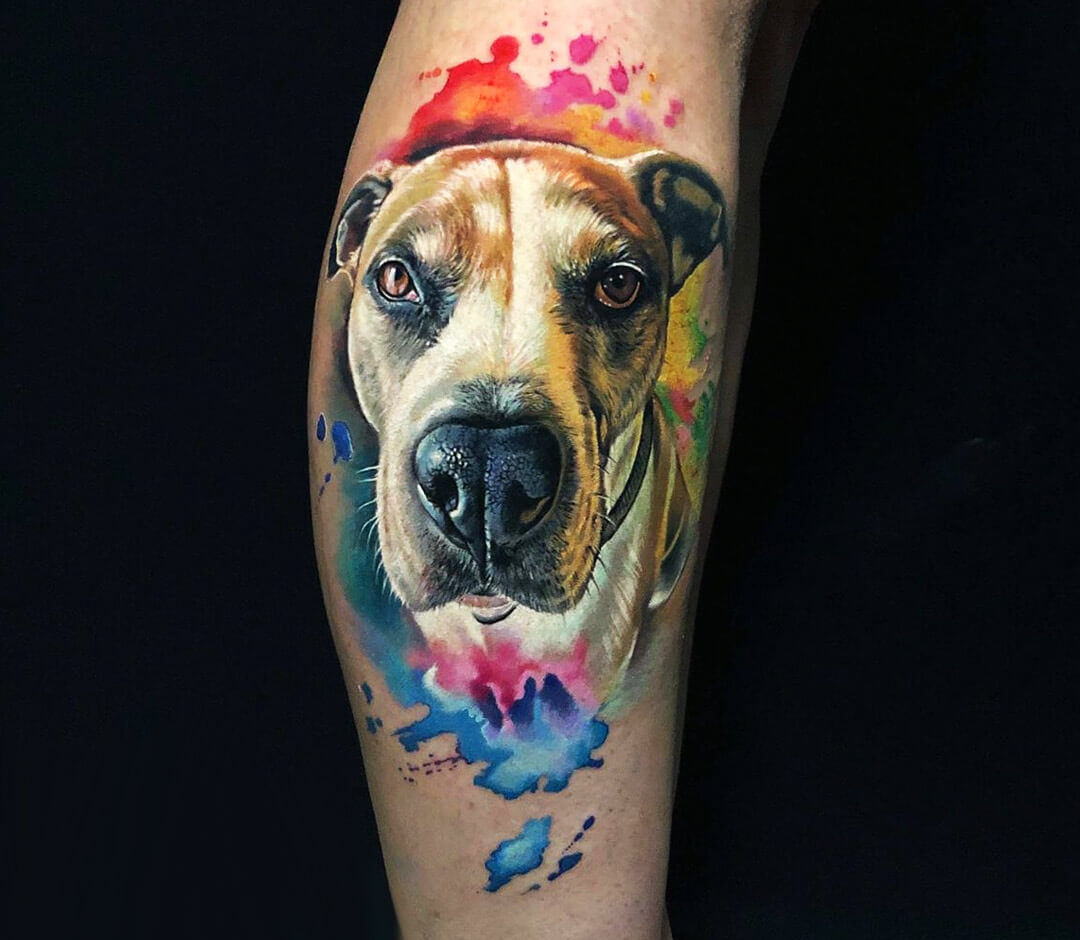 Тату портрет собаки с цветными элементами