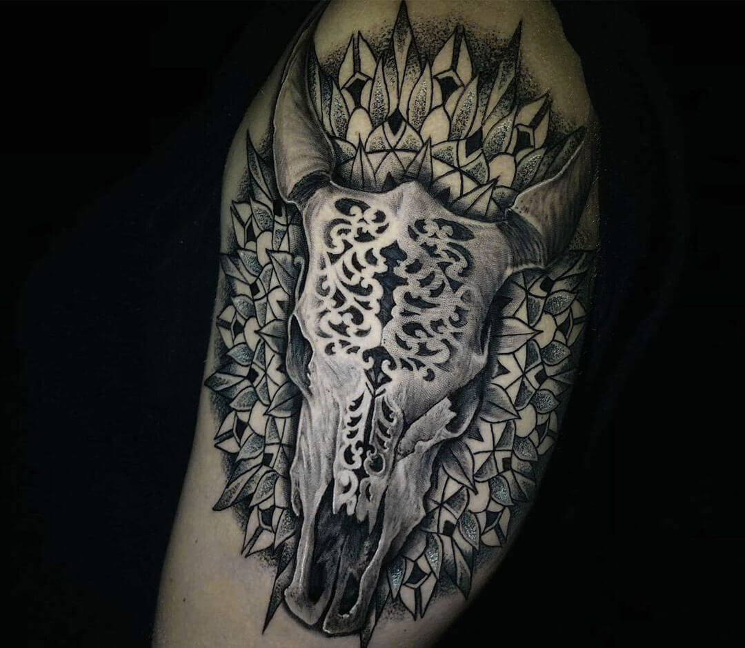 Here's an early morning bull skull tattoo inked by: George. | Instagram