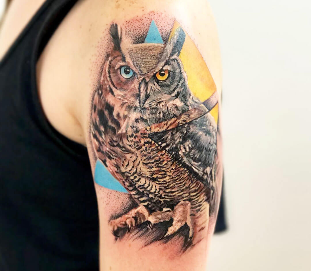 Geometric owl Head Tattoo On Forearm by Danielrozo Tattoo