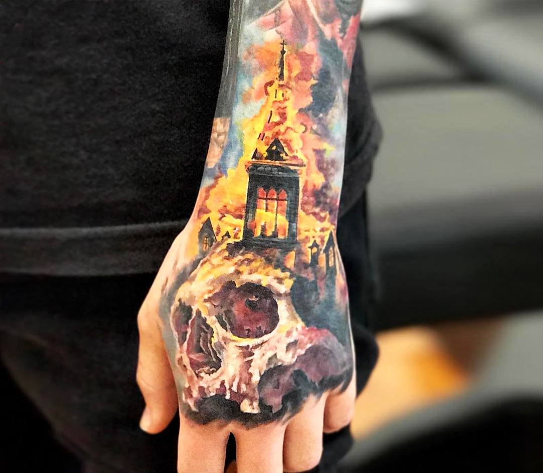 Burning Church | Fire tattoo, Best sleeve tattoos, Tattoo sleeve designs