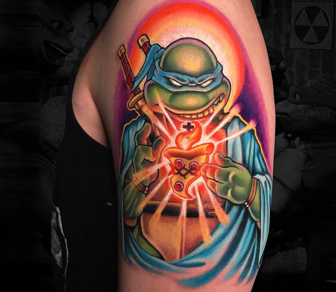 Right forearm tattoo of Leonardo the ninja turtle on