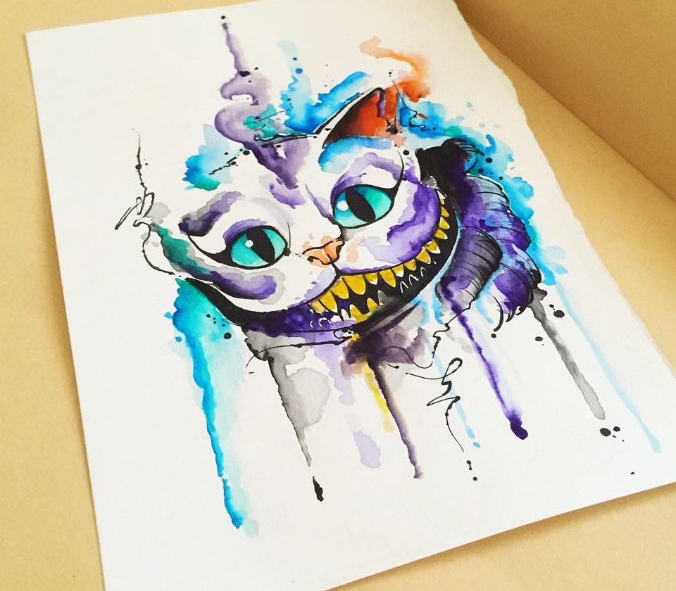 Close. watercolor cheshire cat drawing art tattoo artist Marco Pepe. 