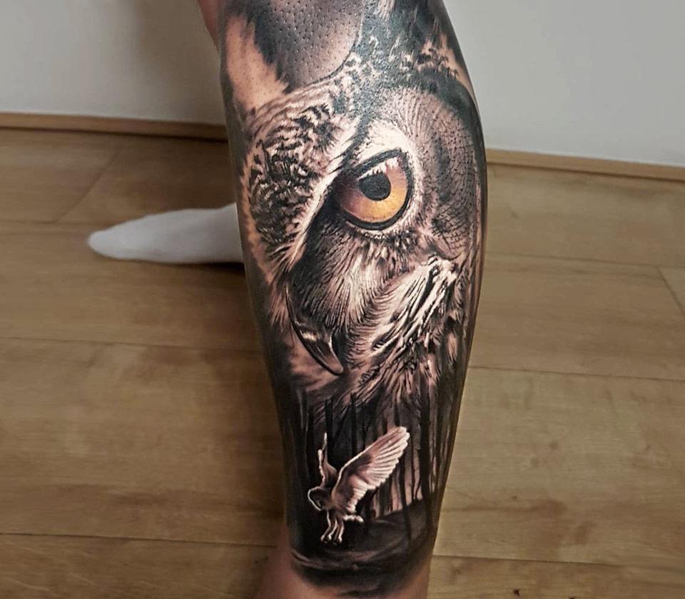 Owl tattoo on leg - Design of TattoosDesign of Tattoos