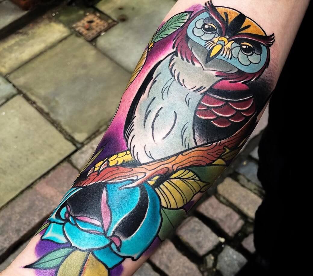 Added an owl to Geoff's arm today! Dragonfly was done recently by me as  well. Thank you so much! Can't wait to keep going on this sle... | Instagram