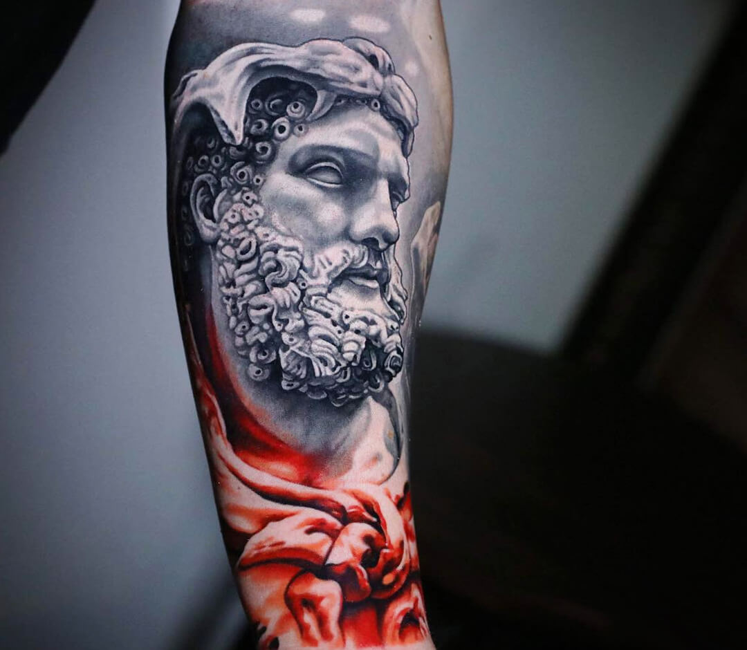 Close. realistic bust Hercules tattoo art Michael Cloutier. 