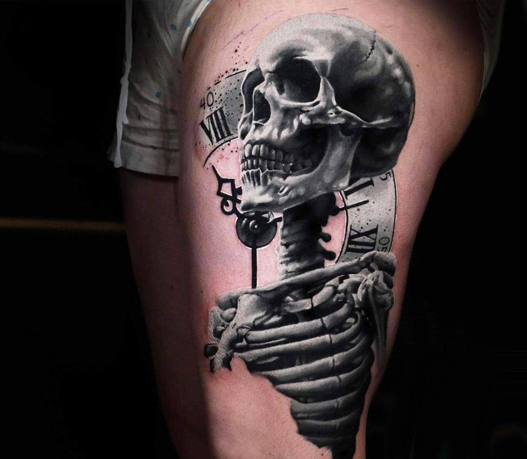 Tattoo tagged with: skeleton, horror, adamsage, tatuaje, dotwork, tatuajes,  black, medium size, hand poked, upper back | inked-app.com
