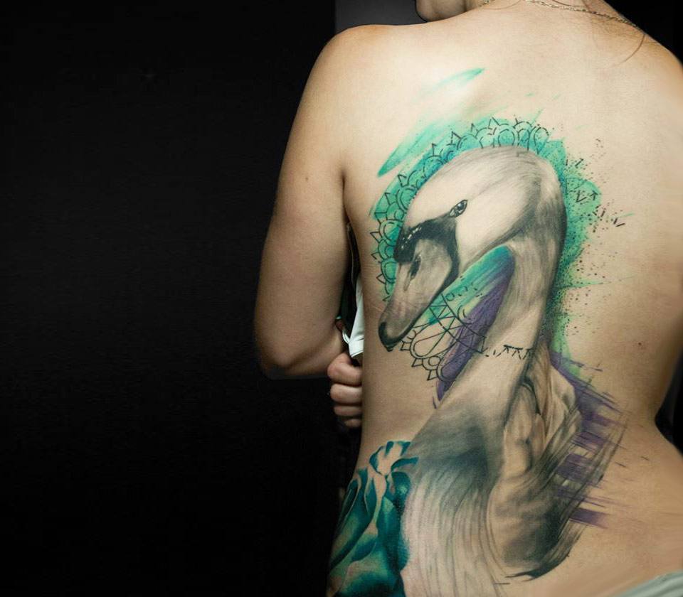 Hand drawn swan tattoo artwork with moon Vector Image
