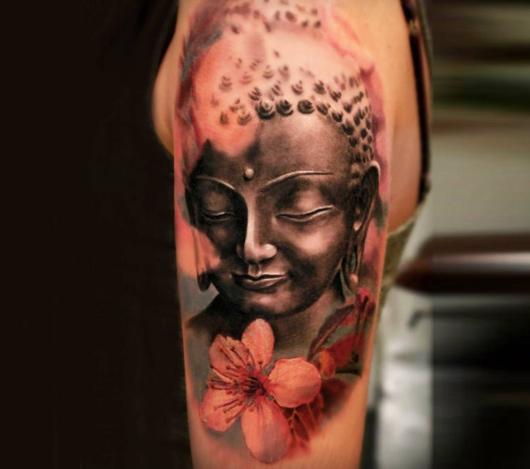 Realistic Buddha with Lotus Flower and Temple by Yarda : Tattoos