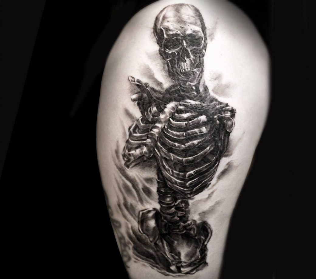 Premium Vector | Skeleton tattoo design with leaves