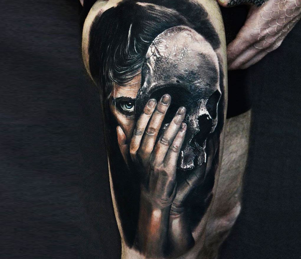 Skull gasmask tattoo