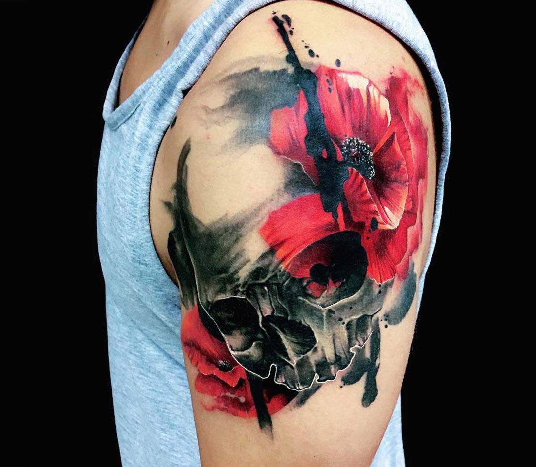 Skull And Wild Poppy Tattoo By Mirco Campioni Photo