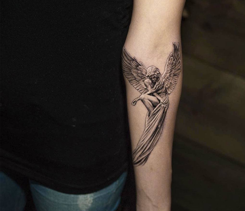 Sova Tattoos - Tom's fore-arm! Spooky guardian angel! #tattoo #guardian  #guardianangel #warriorangel #angelwarrior #angel #angeltattoo #simple  #drawingtattoo #tattoodrawing #design #tattoodesign #ink #december2020 |  Facebook