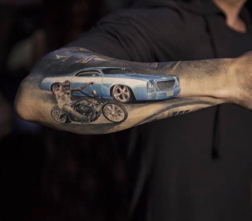 Thought the Classic Car Sub might enjoy my tattoo. A 1957 Bel Air, in  reference to my uncle who passed of Cancer a decade ago. : r/classiccars