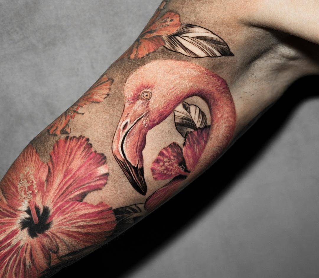 American Traditional Flamingo done by Aaron Hafemeister at Skin and Soul  Tattoo in Bellevue, WA. : r/tattoos