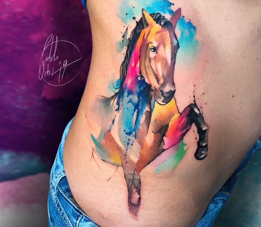 Tattoo tagged with abstract tayfun bezgin black big animal back  violet watercolor red blue horse yellow pink shoulder blade  tatuaje tatuajes orange  inkedappcom