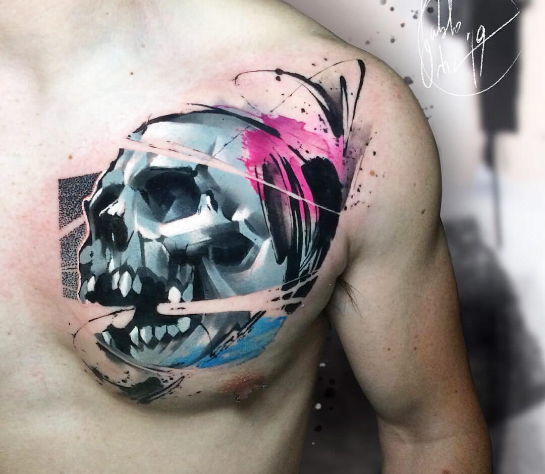 Tattoo uploaded by Derek Scott  Abstract watercolorblack and grey realism skull  tattoo  Tattoodo