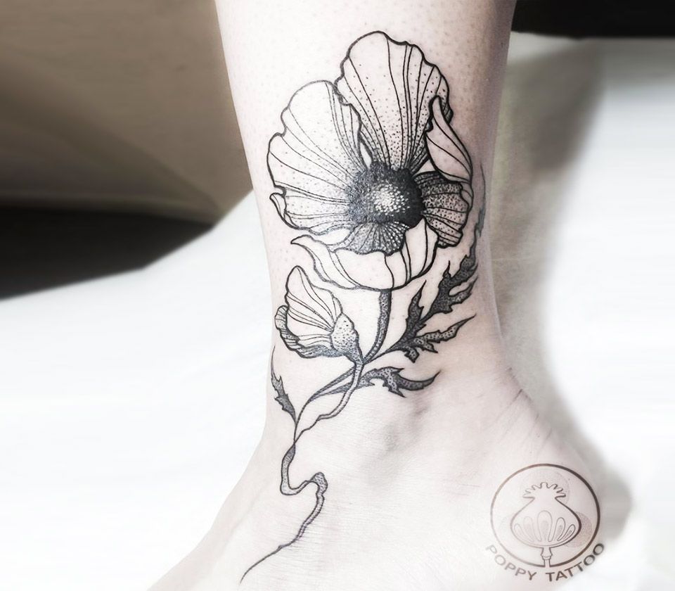 Single needle poppy/flowers black and white tattoo | Violet flower tattoos,  Violet tattoo, White tattoo