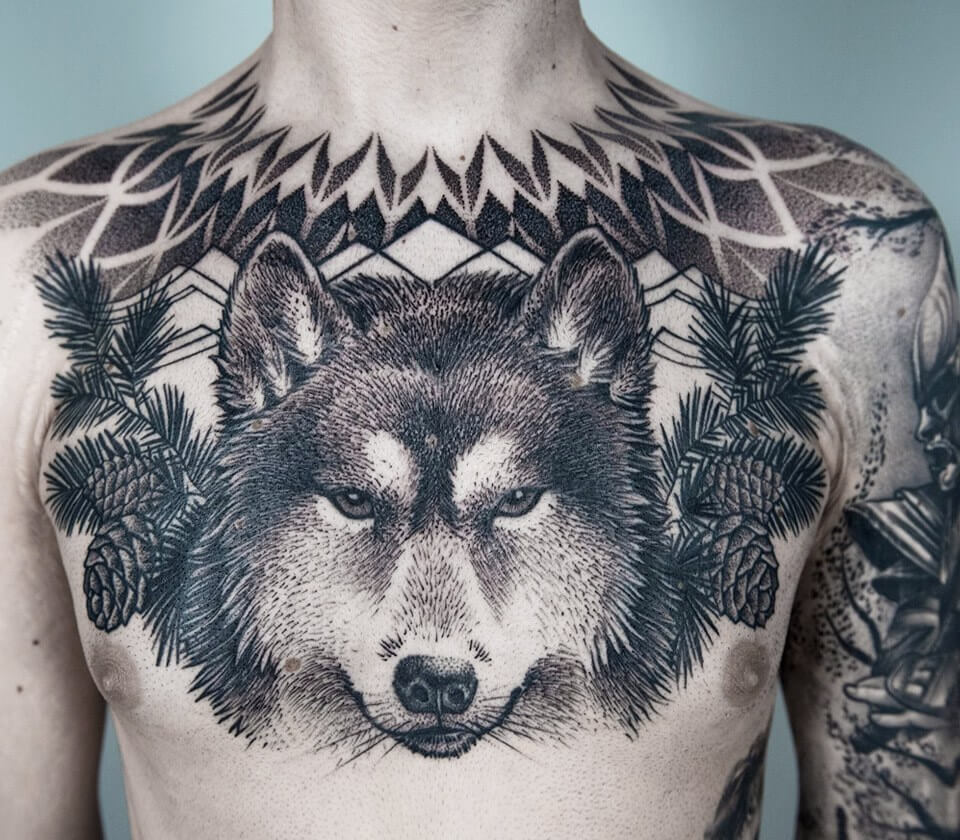 Dragon Tattoo - Traditional Wolf🐺 with Roses 🌹 Chest... | Facebook
