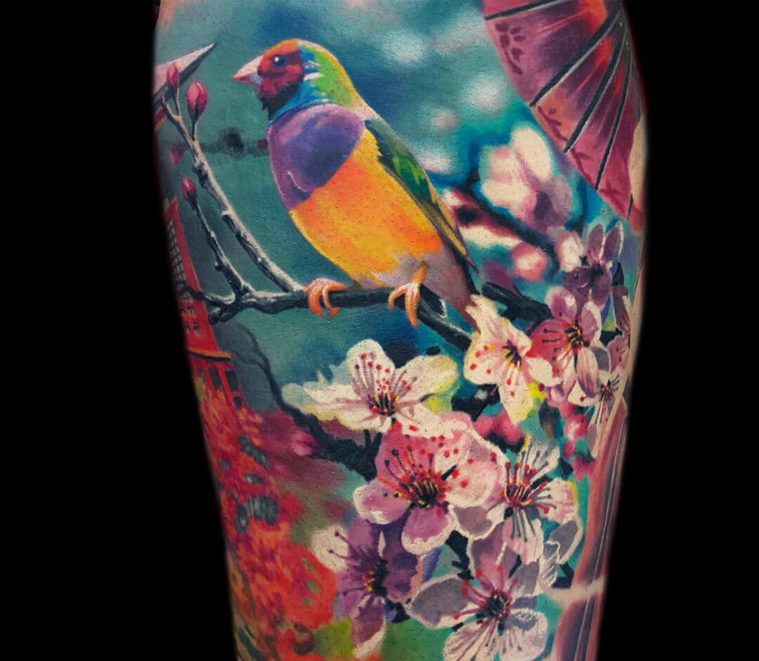 davidmushaneycolorfulwatercolorstylebirdtattoobydavidmushaneybird birdtattoo watercolorwatercolortattoonaturetattooanimaltattoodavidmushaneytattooartist